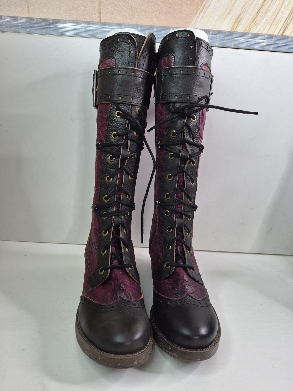 L' Artiste Spring Step Lace-Up Knee Boots in Burgundy and Black
